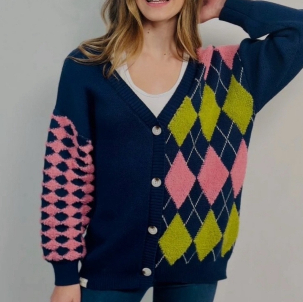 Simply Southern Argyle Button Front Cardigan Navy Pink and Green New with Tags